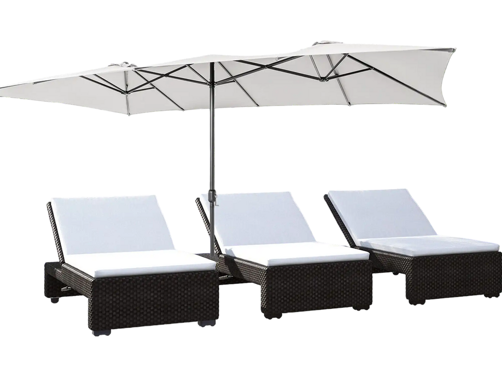 Double-sized beige patio umbrella with crank handle and vented tops, providing coverage for outdoor furniture.
