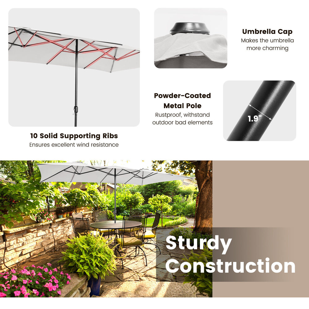 15 feet double-sized patio umbrella with a crank handle, beige polyester fabric, and sturdy 10-rib frame for outdoor.