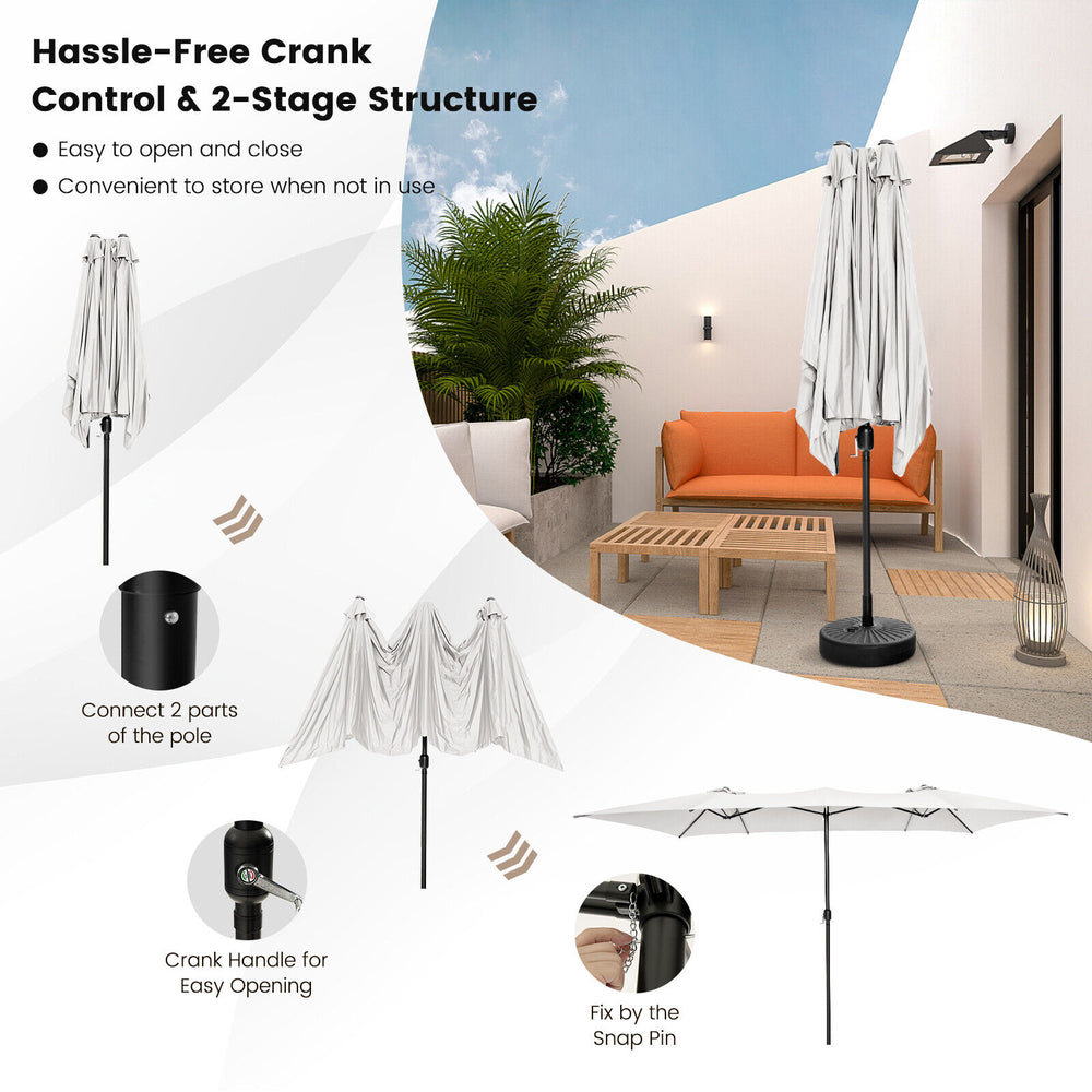 15 feet double-sized beige patio umbrella with crank handle, vented tops, and sturdy 10-rib frame for outdoor use.