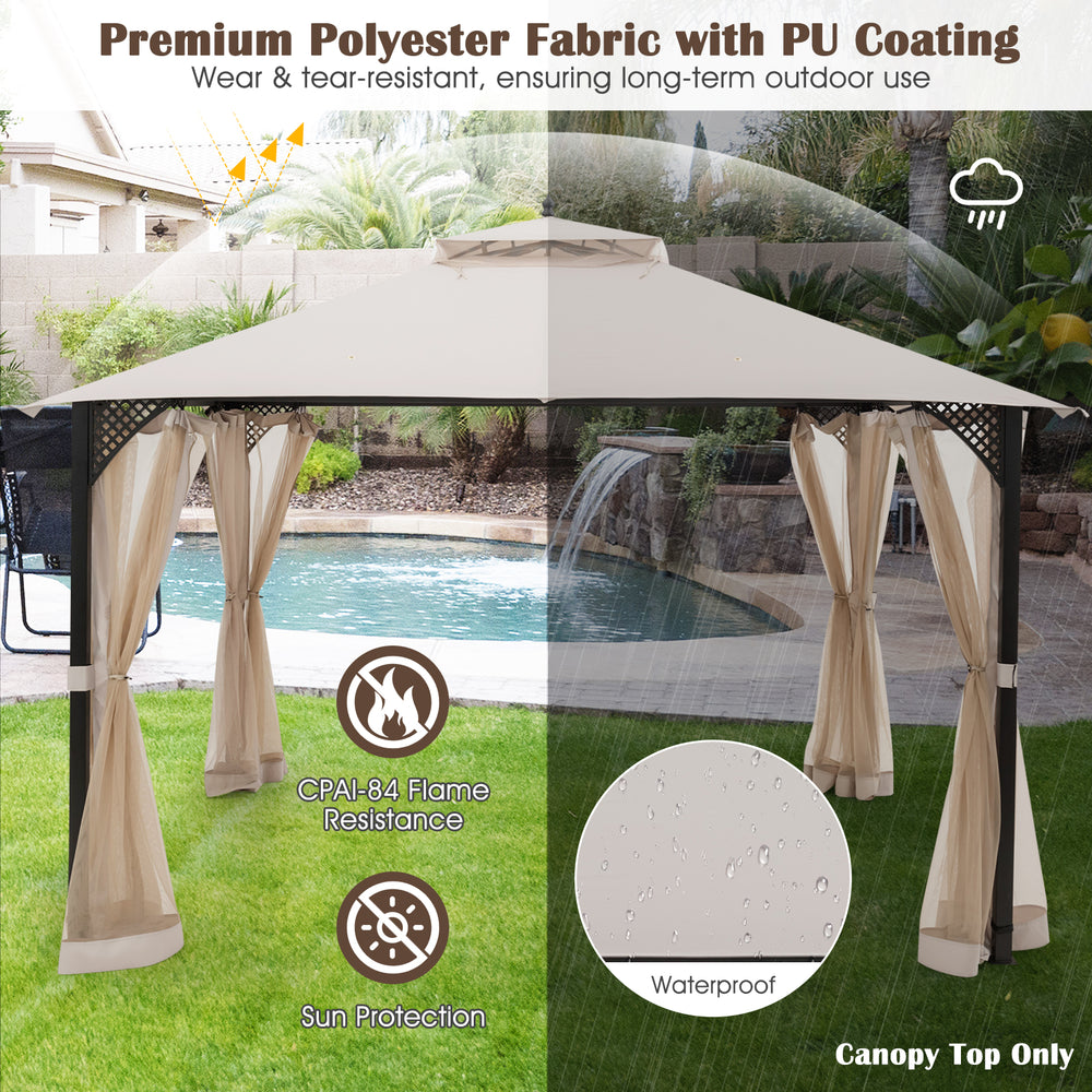 Beige 10 x 12 feet gazebo replacement top with air vent and drainage holes, waterproof and flame-retardant for outdoor.