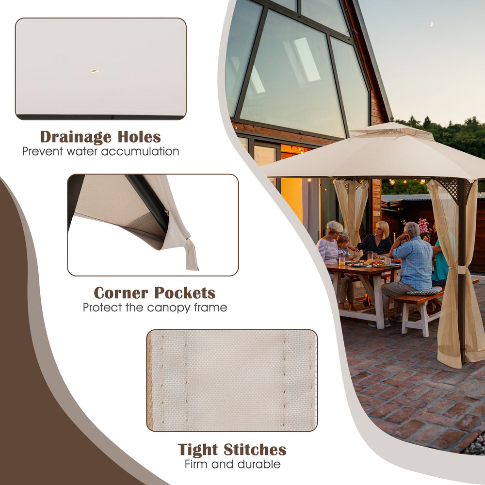 Beige 10x12 feet gazebo replacement top featuring drainage holes, corner pockets, and tight stitches for outdoor.