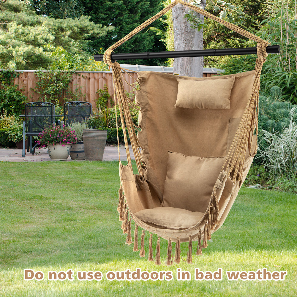 Hanging Rope Swing Chair with Soft Pillow and Cushions-Beige - Gallery View 1 of 10