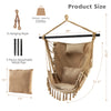 Hanging rope swing chair in beige with soft pillow and cushions, featuring stylish tassels for indoor and outdoor use.