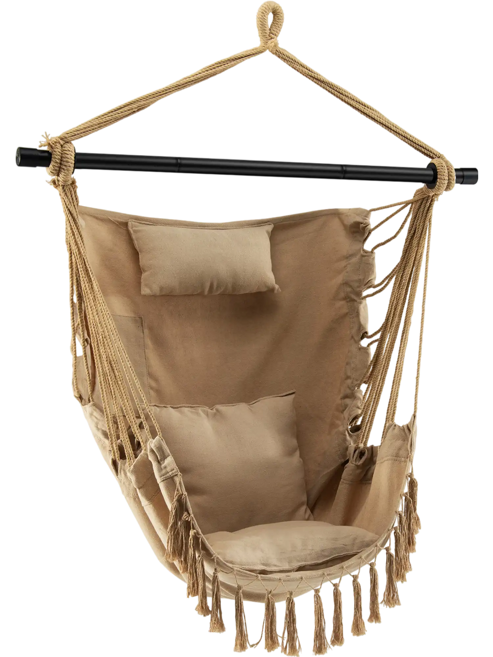 Hanging rope swing chair in beige with soft pillow and cushions, featuring elegant tassels for indoor or outdoor use.