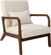 Beige modern accent chair with rubber wood frame and lumbar pillow, ideal for reading and relaxation.
