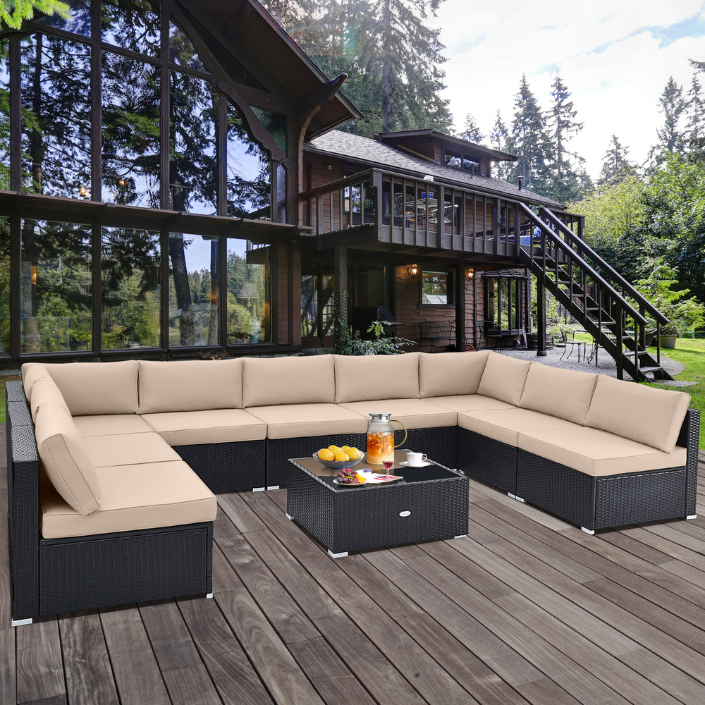 L-shaped 10 piece outdoor wicker conversation set with beige cushions, perfect for spacious patio gatherings.