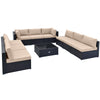 10-piece outdoor wicker conversation set with beige cushions, featuring a glass tabletop and durable PE rattan for.