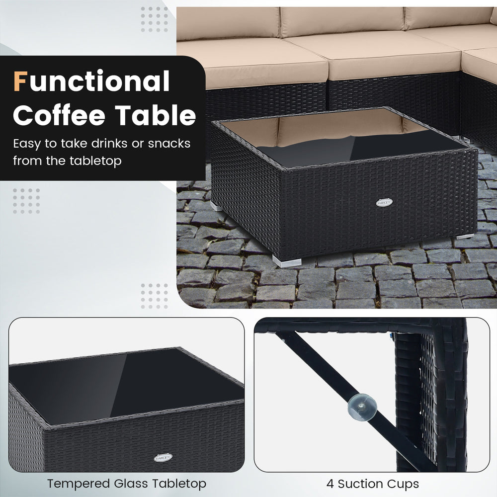 Tempered glass coffee table with 4 suction cups, made of durable PE rattan, perfect for outdoor gatherings.