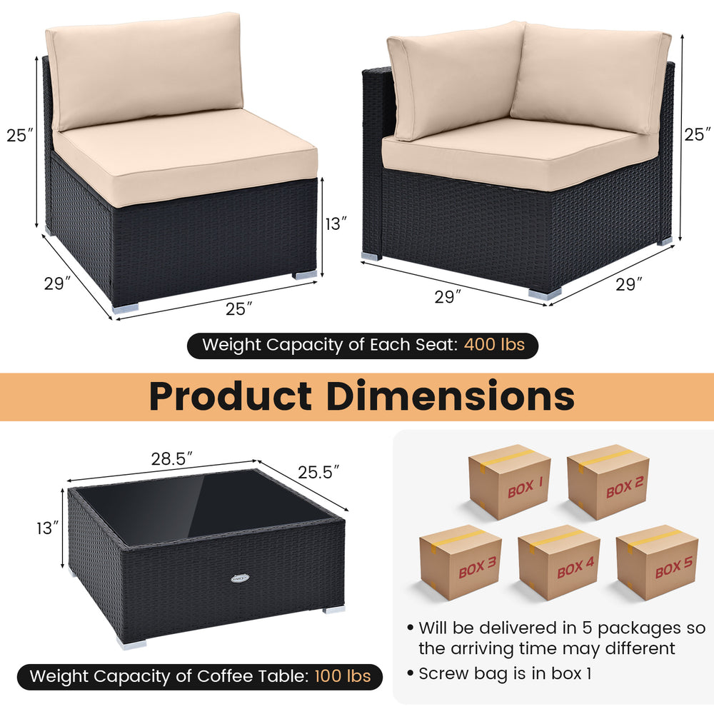 L-shaped outdoor wicker conversation set with beige cushions, featuring a tempered glass coffee table for versatile.