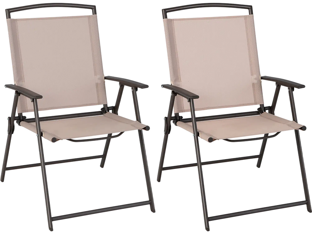 Set of 2 beige patio dining chairs with armrests, rustproof steel frame, foldable design for outdoor convenience.