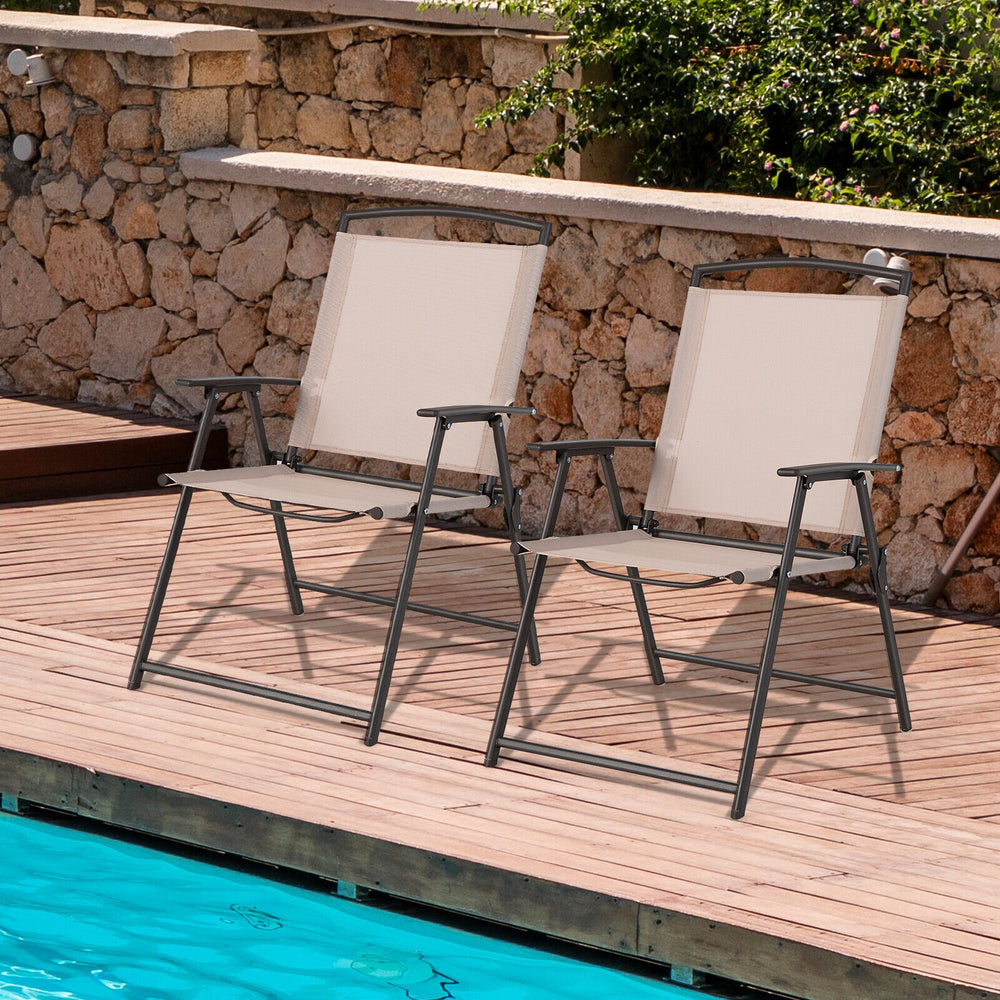 Set of 2 beige patio dining chairs with armrests, featuring a rustproof steel frame, ideal for outdoor relaxation.