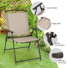 Patio dining chair with armrests in beige, featuring a rustproof steel frame and foldable design for outdoor.