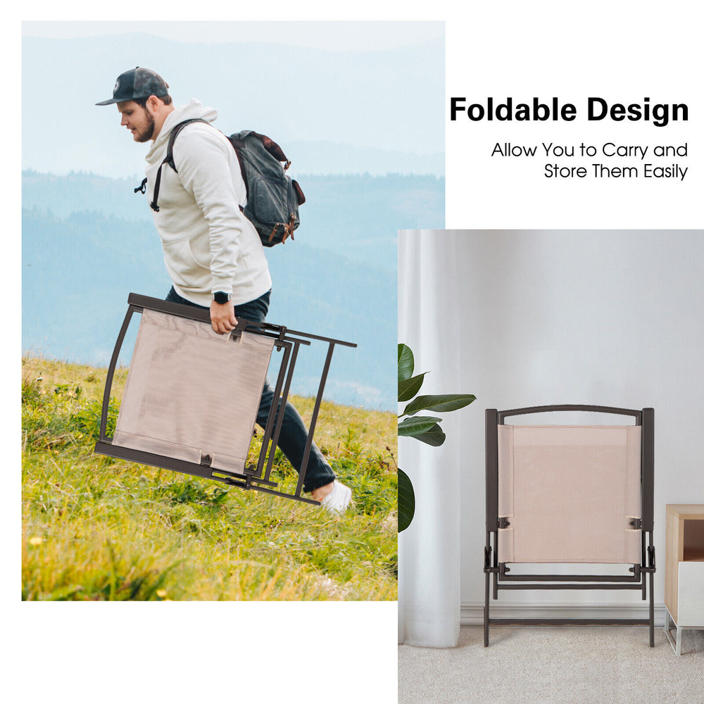 Foldable patio dining chairs with armrests in beige, featuring a rustproof steel frame for outdoor use.