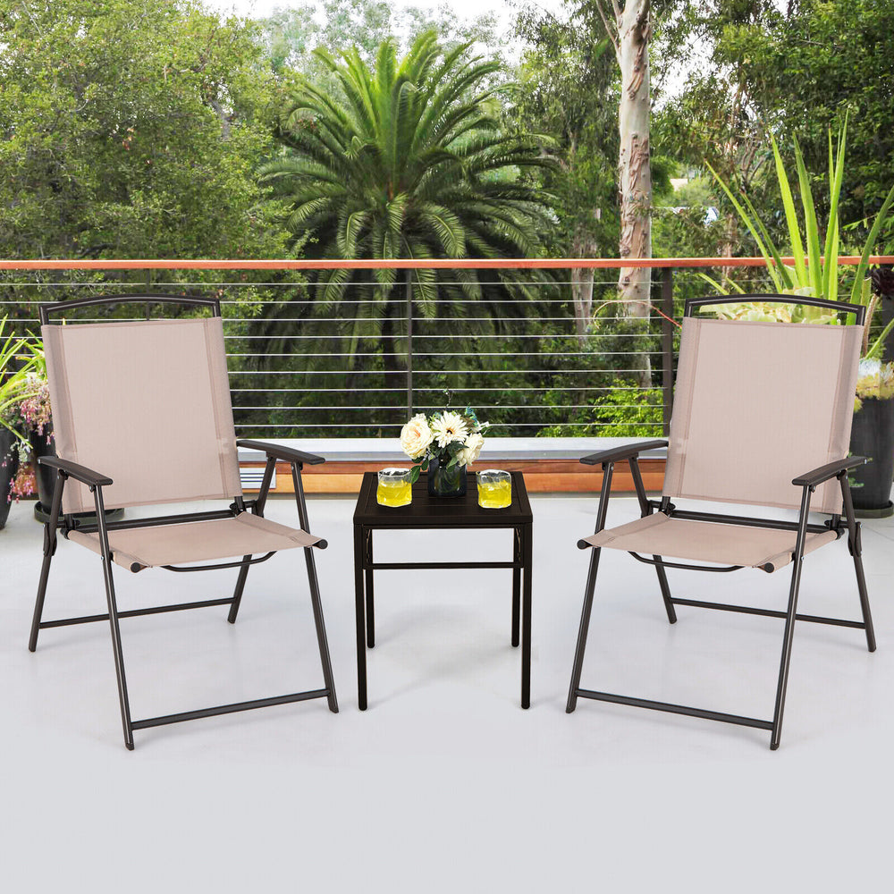 Set of 2 beige patio dining chairs with armrests and rustproof steel frame, perfect for outdoor relaxation.