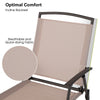 Close-up of the beige breathable fabric on a patio dining chair with an ergonomic incline backrest for optimal comfort.