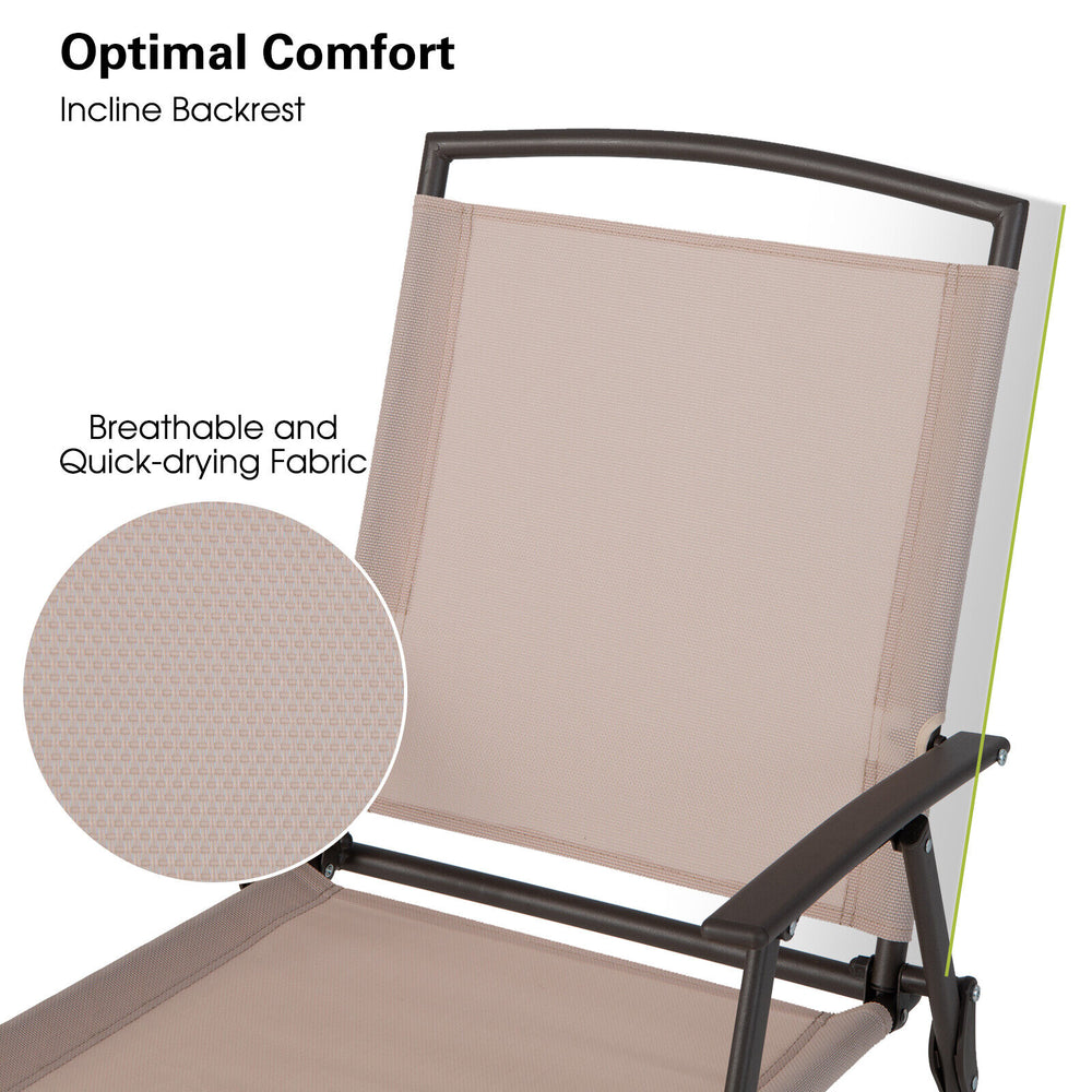 Close-up of the beige breathable fabric on a patio dining chair with an ergonomic incline backrest for optimal comfort.