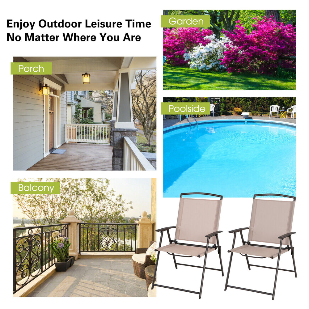 Set of 2 beige patio dining chairs with armrests, featuring a rustproof steel frame, perfect for outdoor relaxation.
