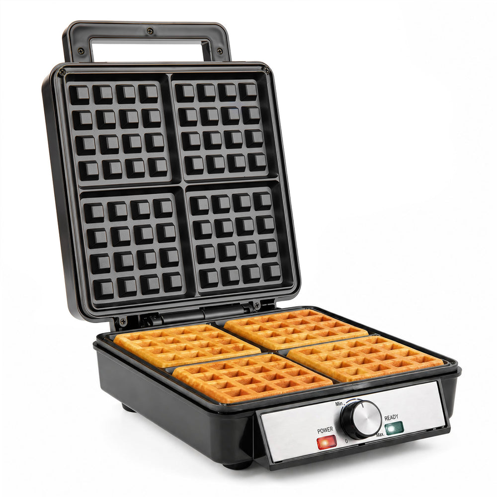 Belgian waffle maker with non-stick plates, making 4 square waffles at once, features adjustable temperature settings.