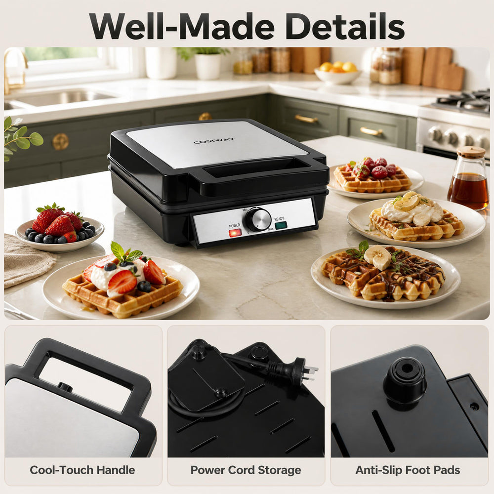 Belgian waffle maker with cool-touch handle, non-stick plates, and anti-slip foot pads for safe and efficient cooking.