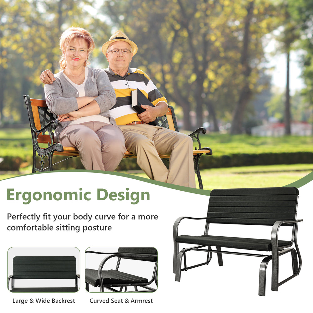 2-seat porch glider with ergonomic backrest and armrests, featuring a durable HDPE seat and rustproof steel frame for.