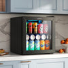 Beverage refrigerator cooler with 1.3 cu. ft. capacity, showcasing cans and bottles, ideal for home or office use.