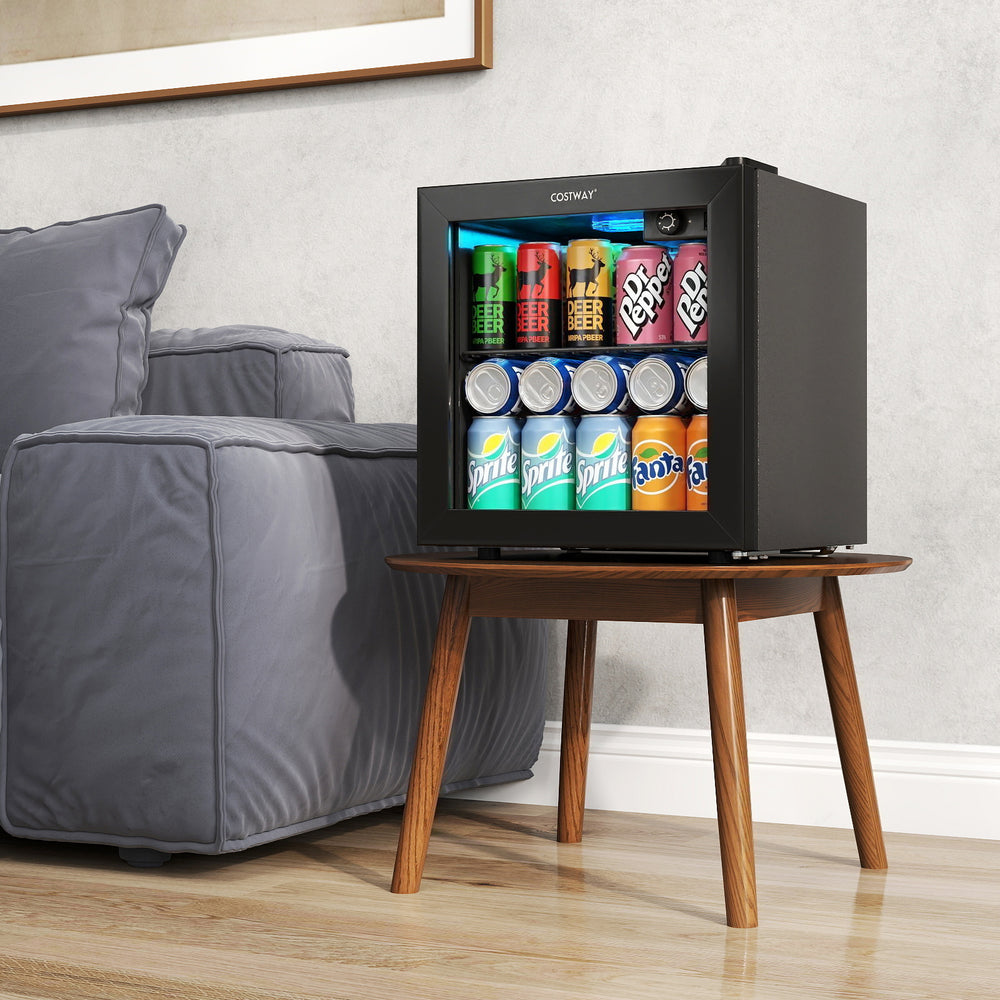 Mini black beverage refrigerator cooler with 12 bottles and 55 cans, featuring adjustable shelves and LED light for.