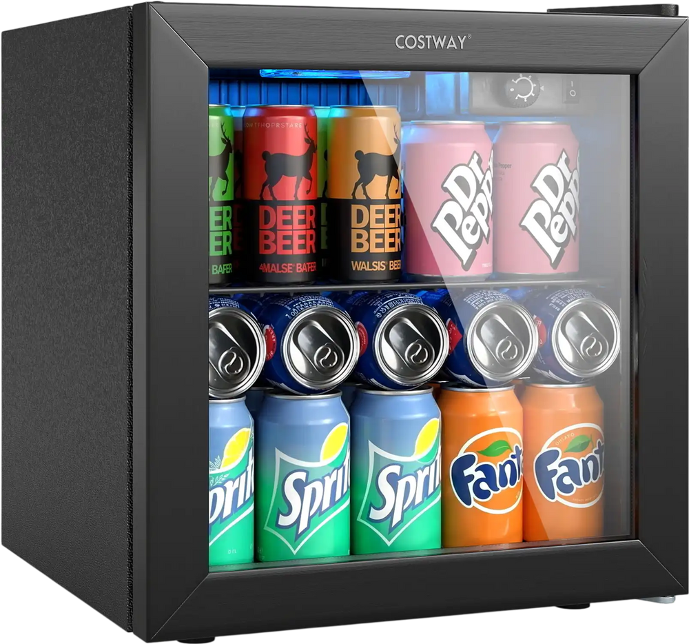 Beverage refrigerator cooler with glass door, holding 12 bottles and 55 cans, featuring adjustable temperature settings.