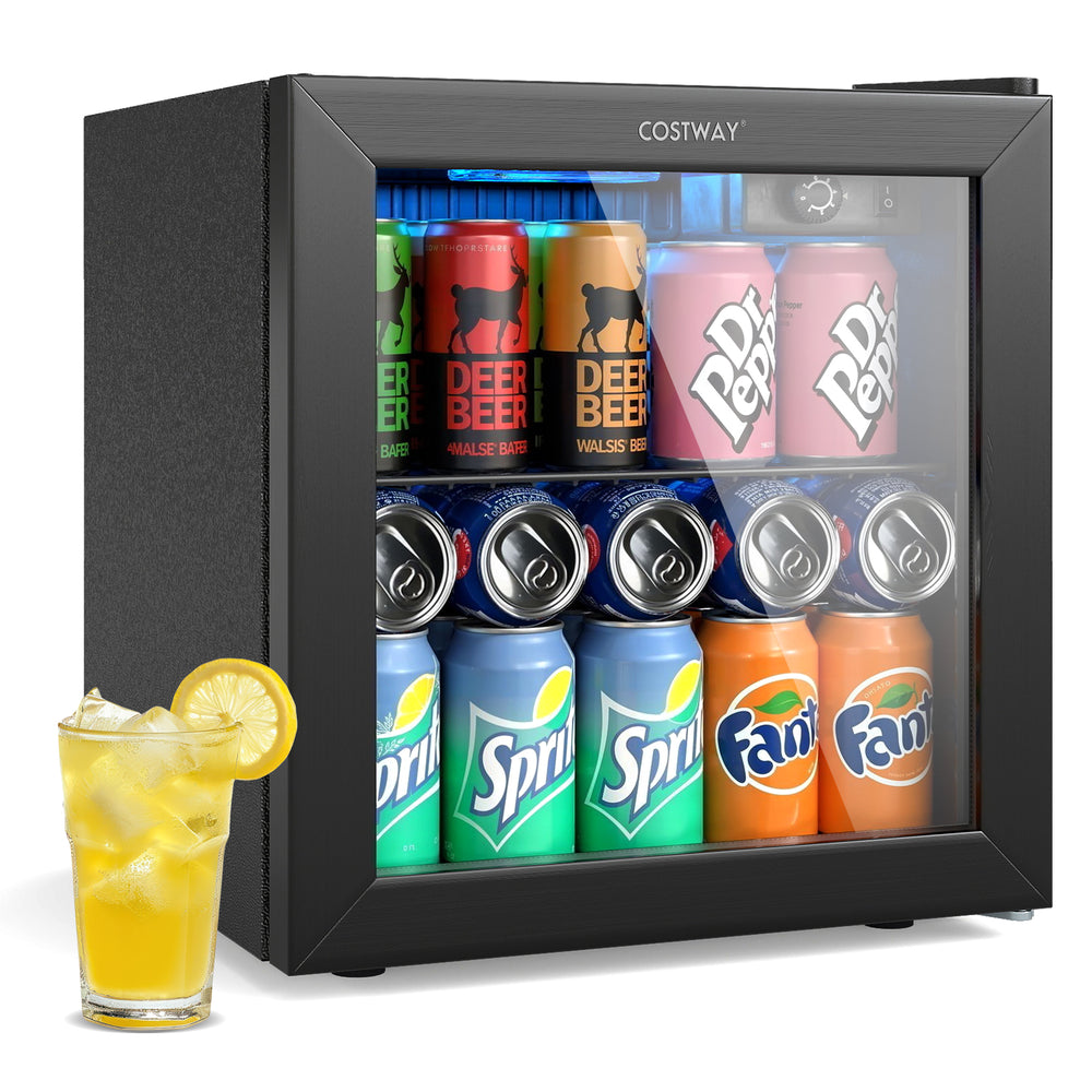 Mini beverage refrigerator cooler in black, featuring a built-in compressor and defrost function for optimal cooling.