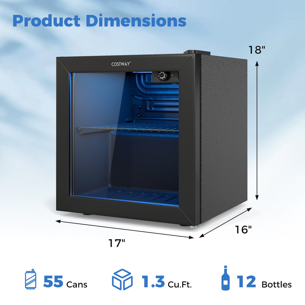 Beverage refrigerator cooler with dimensions 18" x 17" x 16", holds 12 bottles or 55 cans, featuring a black finish.