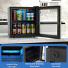 Beverage refrigerator cooler with removable stainless steel shelf, blue LED light, and adjustable foot pads for balance.