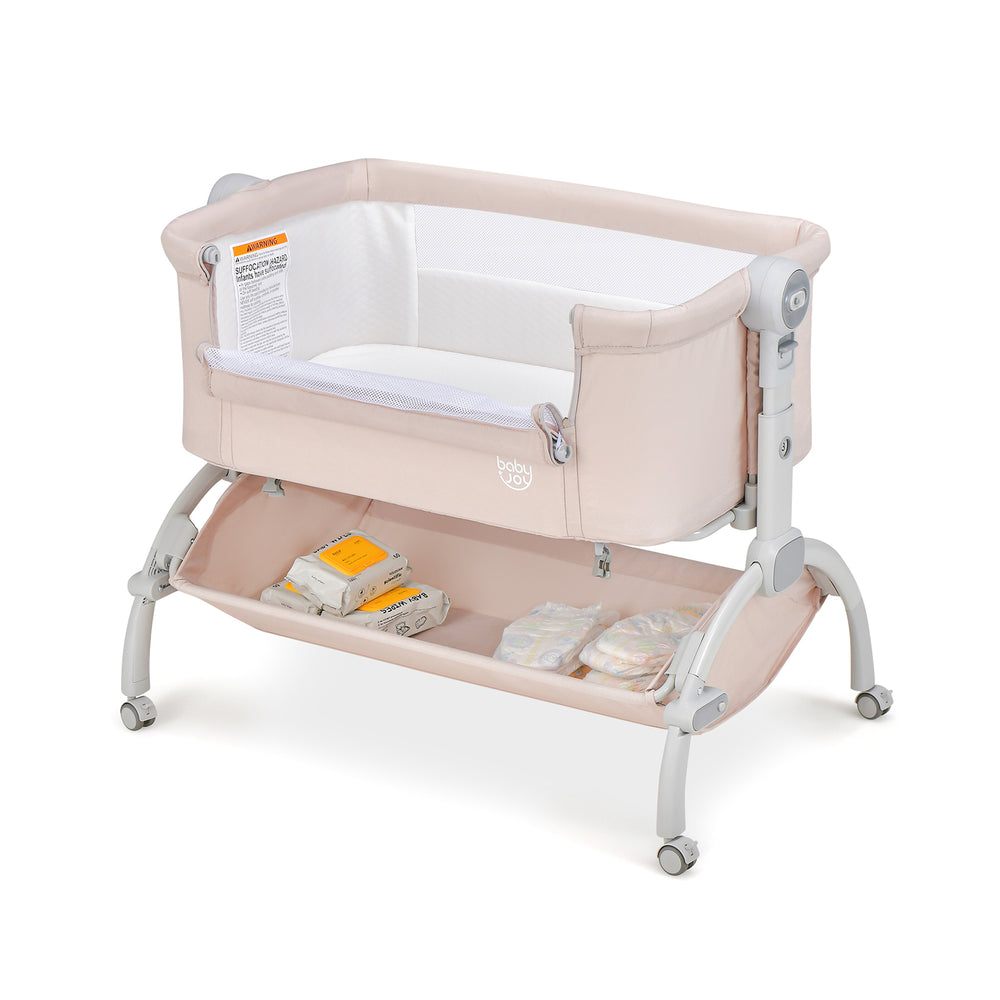 3-in-1 baby bassinet in beige with a cozy mattress, retractable legs, and 360° wheels for versatile positioning and.