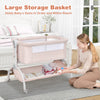 3-in-1 baby bassinet in beige with large storage basket, adjustable heights, and breathable mesh for easy access.