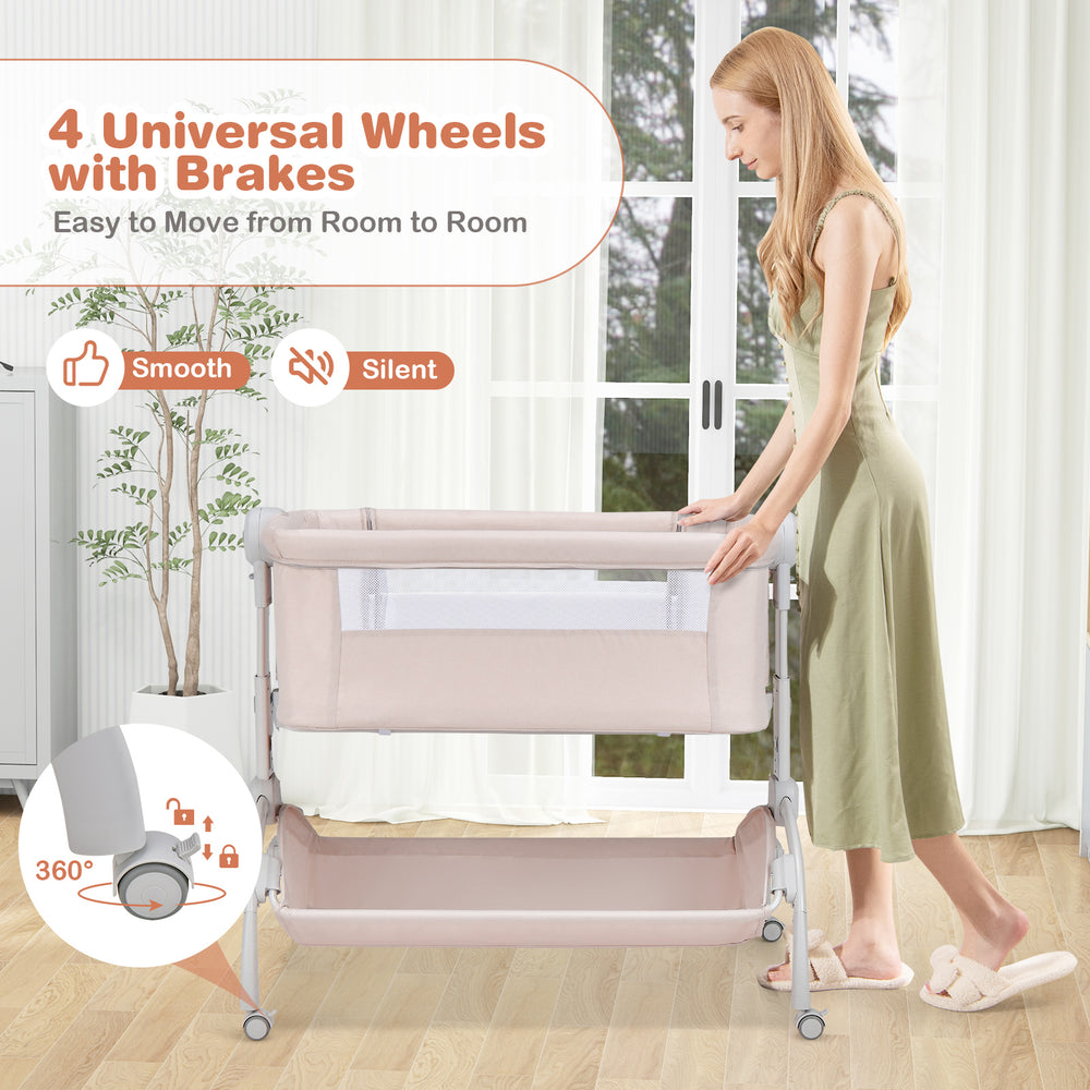 3-in-1 baby bassinet in beige with adjustable heights and 360° wheels, ideal for bedside sleeping and easy movement.
