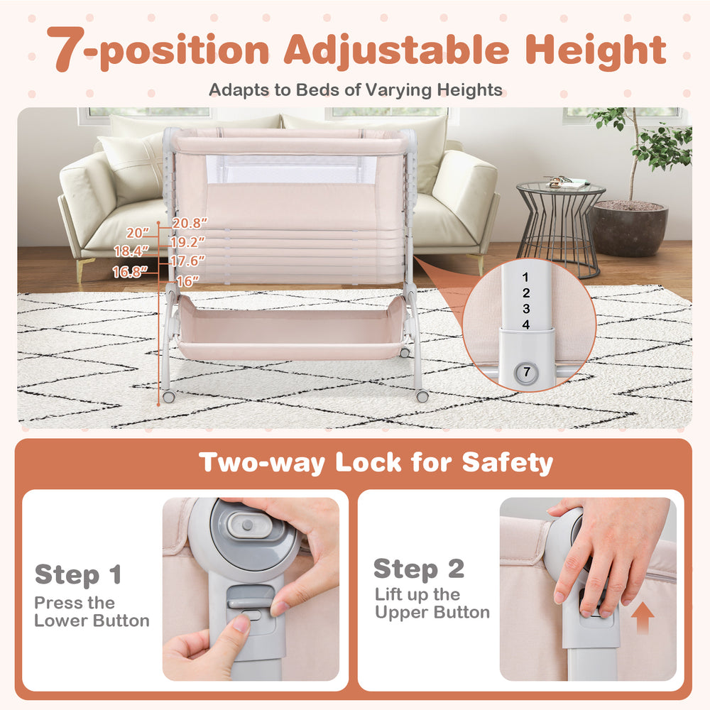 3-in-1 baby bassinet in beige with adjustable heights, double-lock design, and large storage basket for convenience.