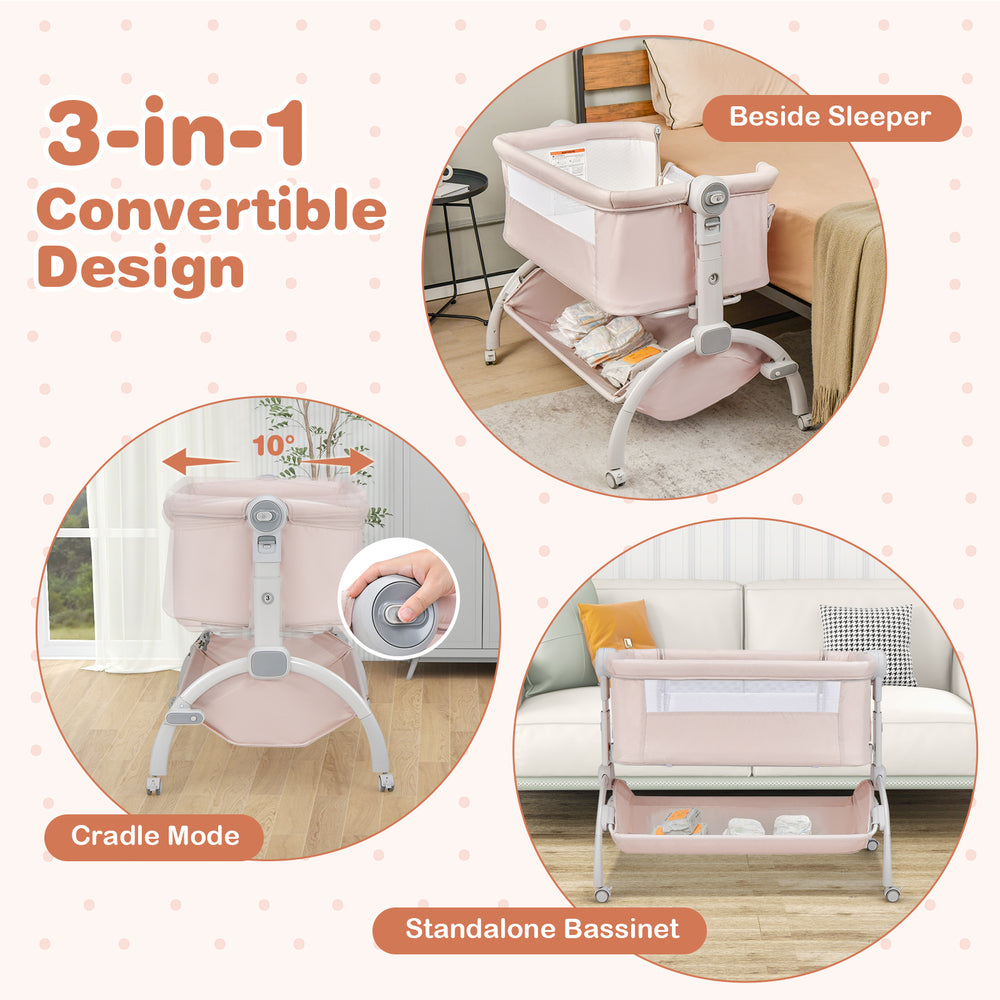 3-in-1 baby bassinet in beige, shown in cradle mode with adjustable height and breathable mesh for easy observation.