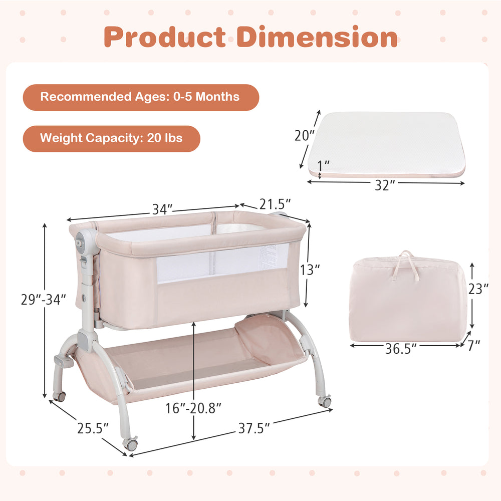 3-in-1 baby bassinet in beige with adjustable heights, breathable mesh, and large storage basket for infants up to 20.
