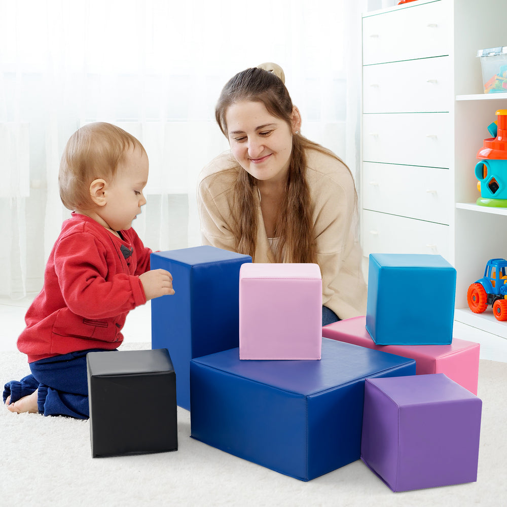 Colorful 7-piece big foam building blocks set for toddlers, featuring soft PU leather cover and impact-resistant EPE.