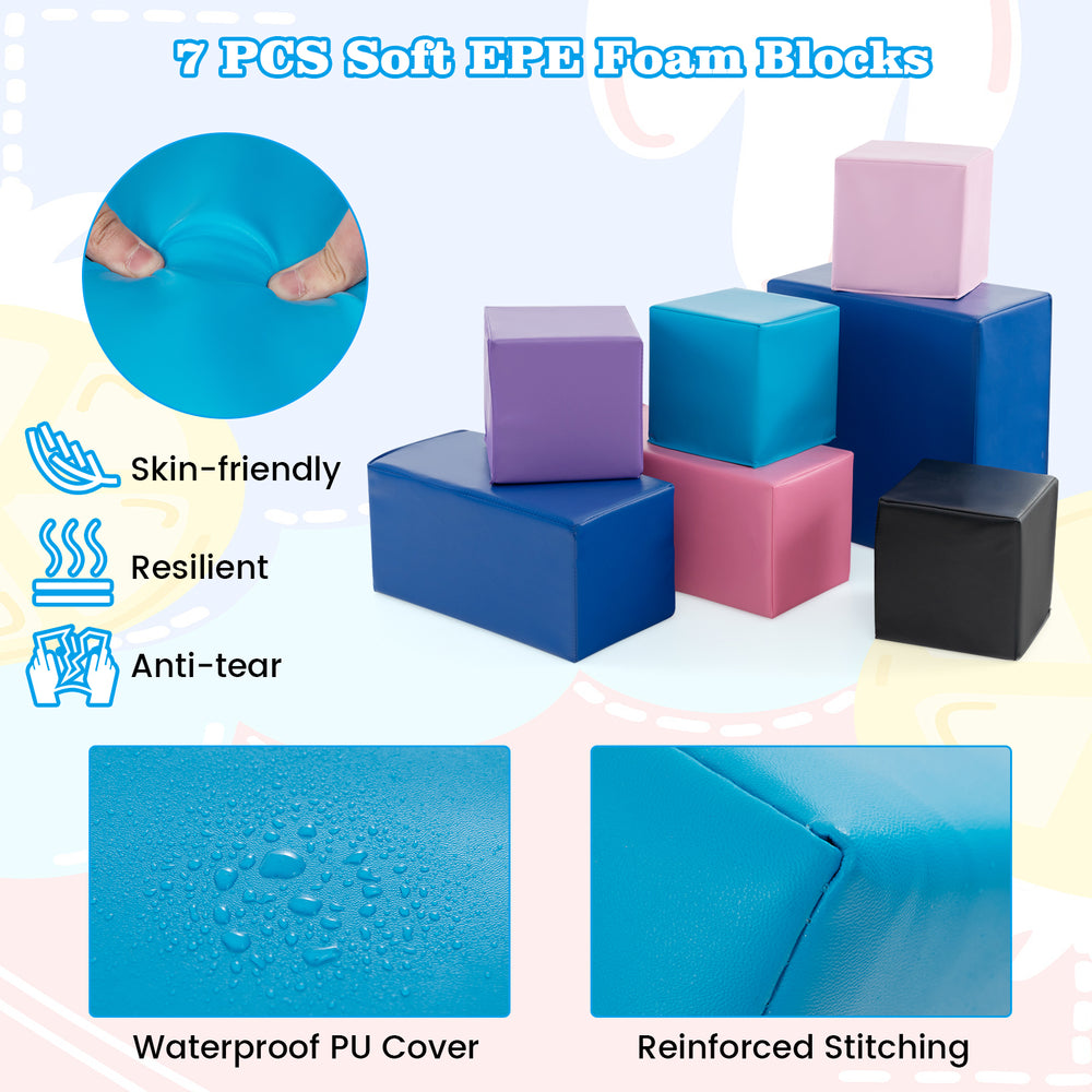 Colorful 7-piece foam building blocks set for toddlers, made of EPE foam with waterproof PU cover for safe play.