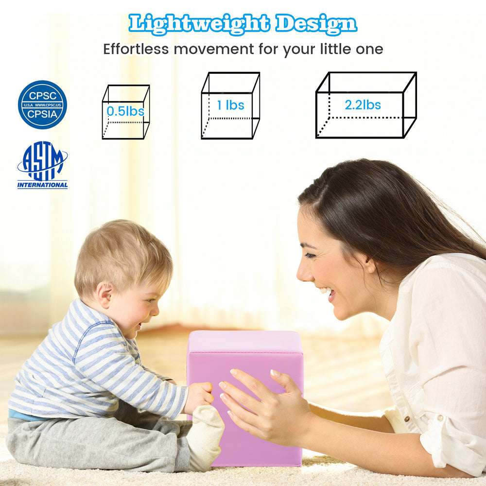 Single purple foam block from the 7-piece set, designed for toddlers to encourage motor skills and imaginative play.