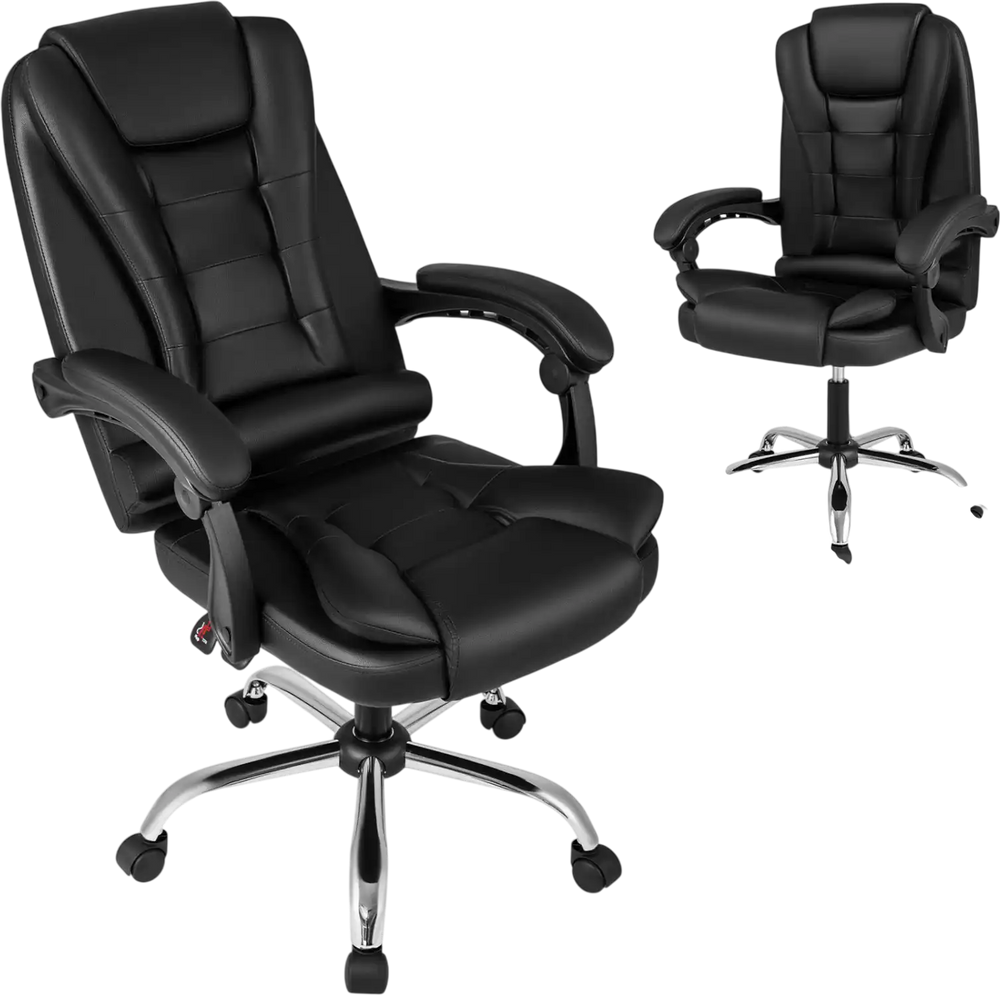 Big high back executive chair in black with linkage armrests and adjustable height for ergonomic office comfort.