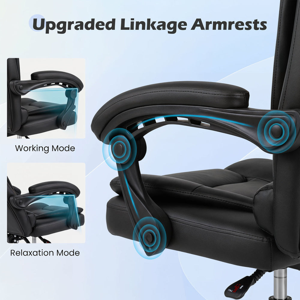 Big high back executive chair with linkage armrests, adjustable height, and leather padded seat for office comfort.
