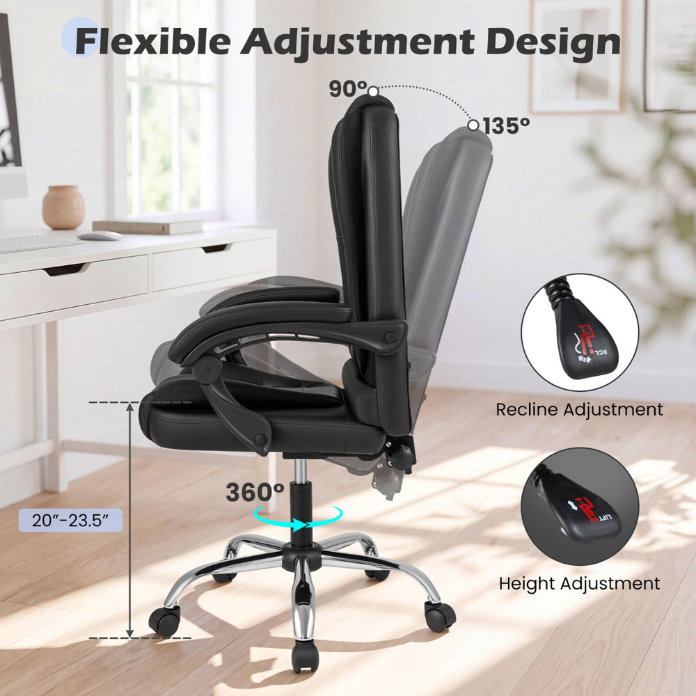 Big high back executive chair in black with adjustable height and reclining backrest for ergonomic office comfort.