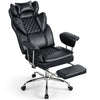 Big and tall executive office chair in black with adjustable seat, lumbar support, and retractable footrest for comfort.