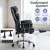 Big and tall executive office chair in black with adjustable height, reclining feature, and retractable footrest for comfort.