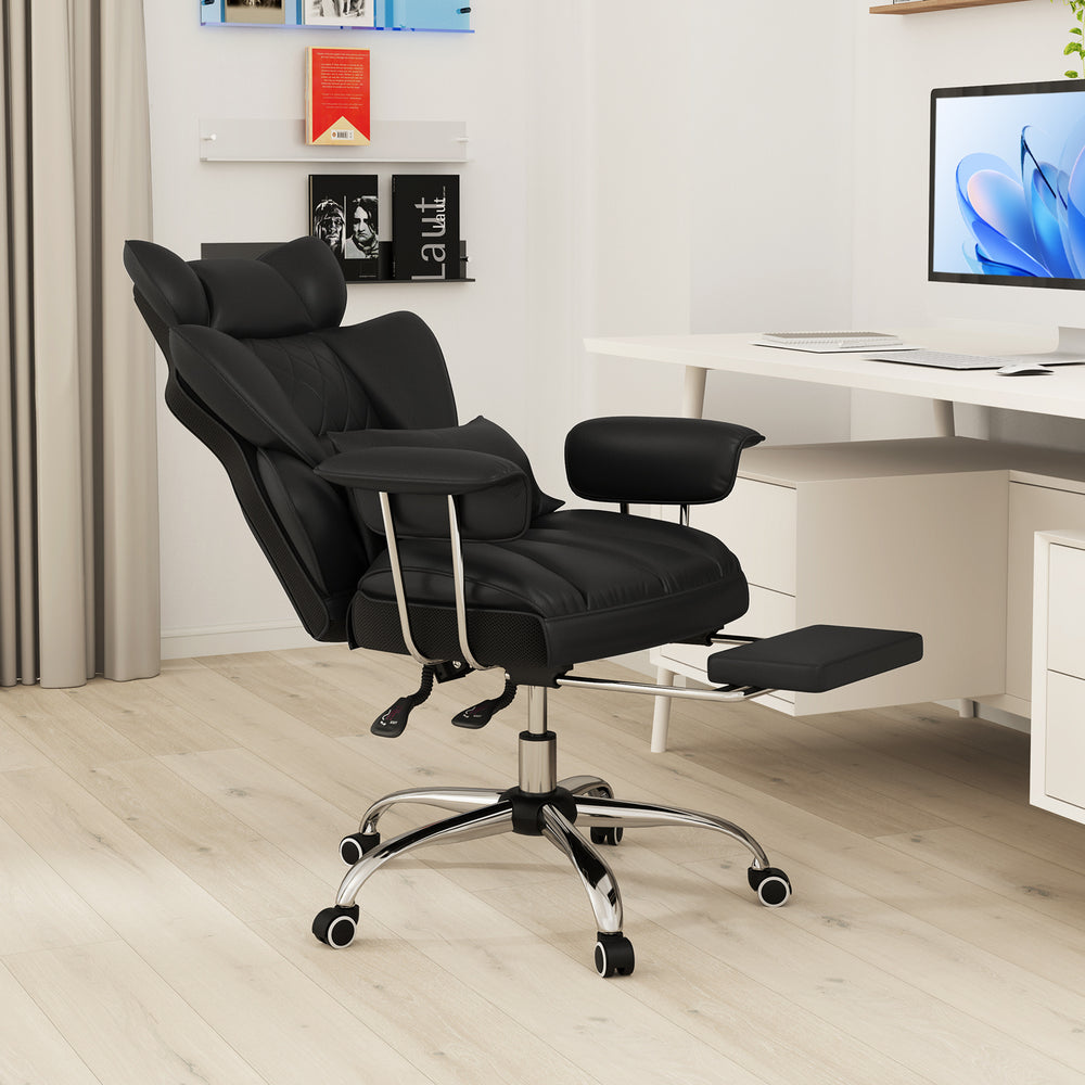 Big and tall executive office chair in black with adjustable height, footrest, and ergonomic design for comfort.