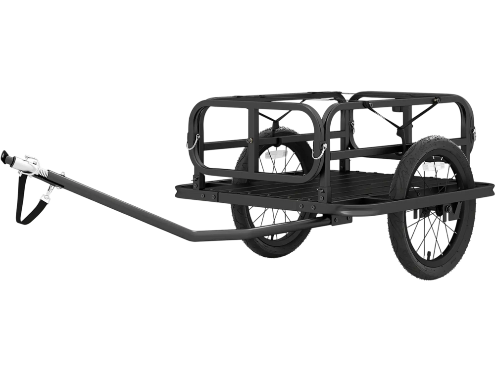 Heavy-duty bike cargo trailer in black with all-terrain tires, designed for versatile use and supports up to 220 lbs.