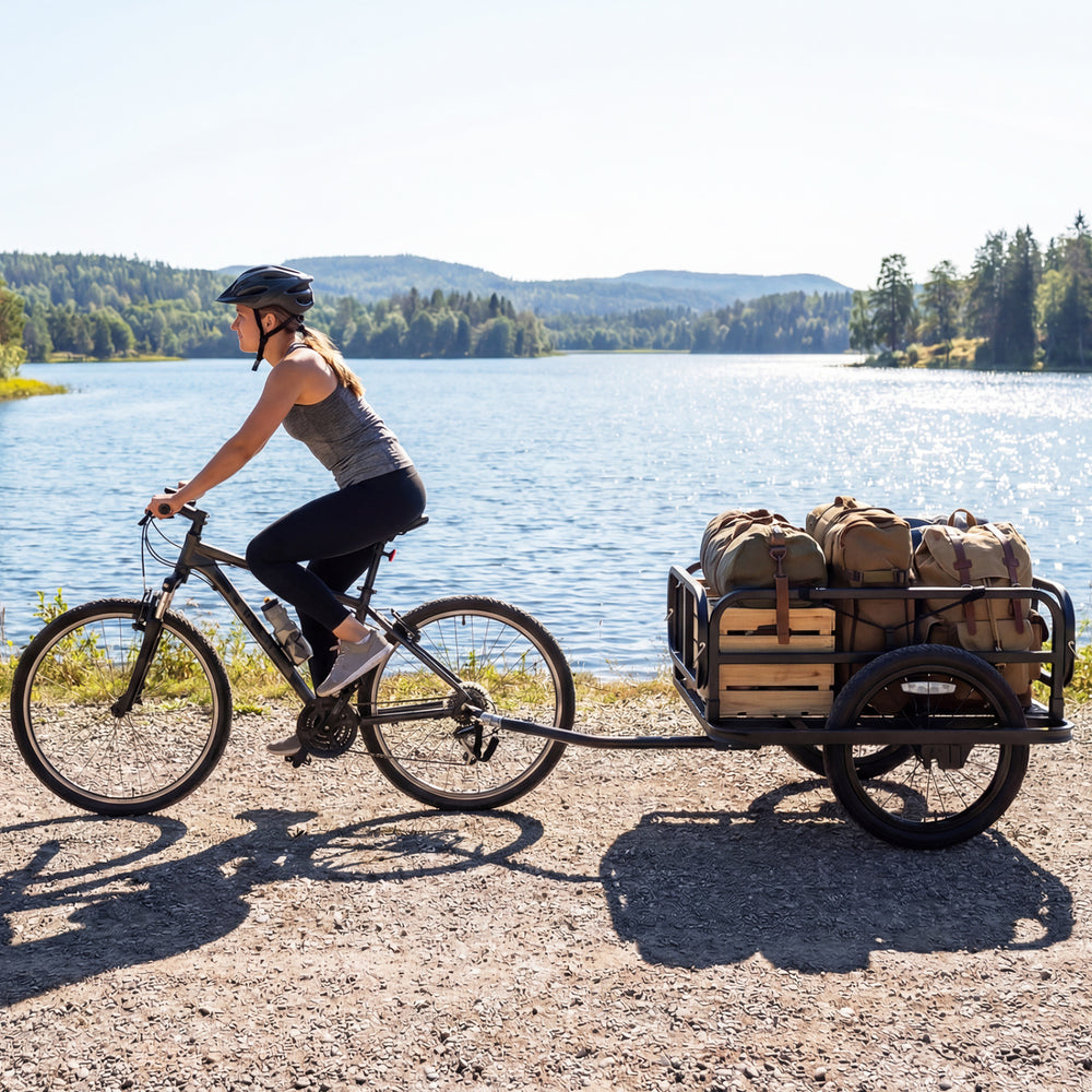 Heavy-duty bike cargo trailer in black, supporting up to 220 lbs, ideal for camping and shopping on all terrains.