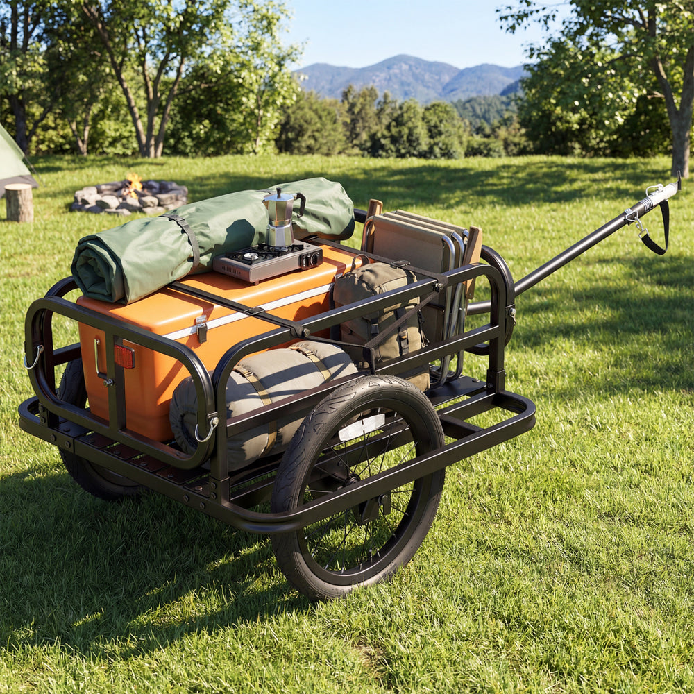 Heavy-duty bike cargo trailer in black with spacious interior, all-terrain tires, and universal hitch for versatile use.