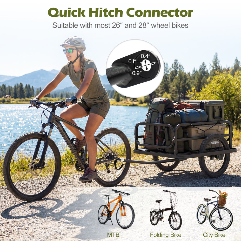 Heavy-duty bike cargo trailer with universal hitch, designed for various bikes, ideal for camping and shopping.