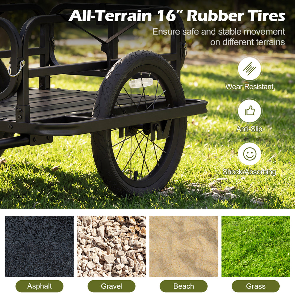 All-terrain 16" rubber tires of the heavy-duty bike cargo trailer, designed for stable movement on various surfaces.